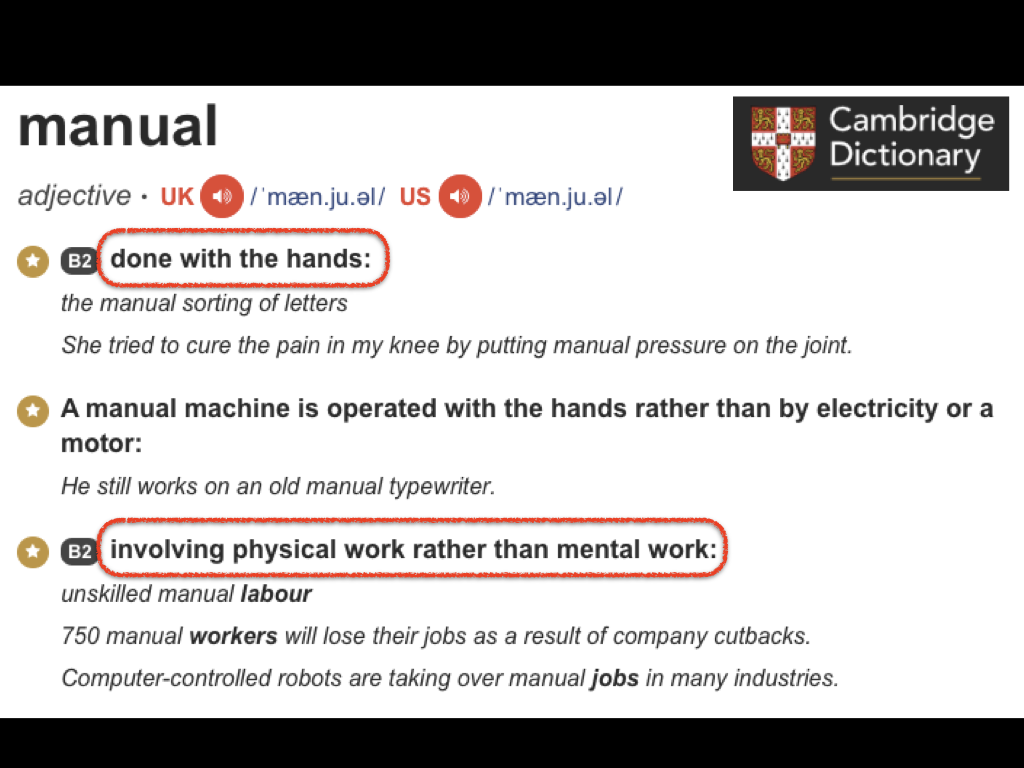 Definition of manual from Cambridge Dictionary 